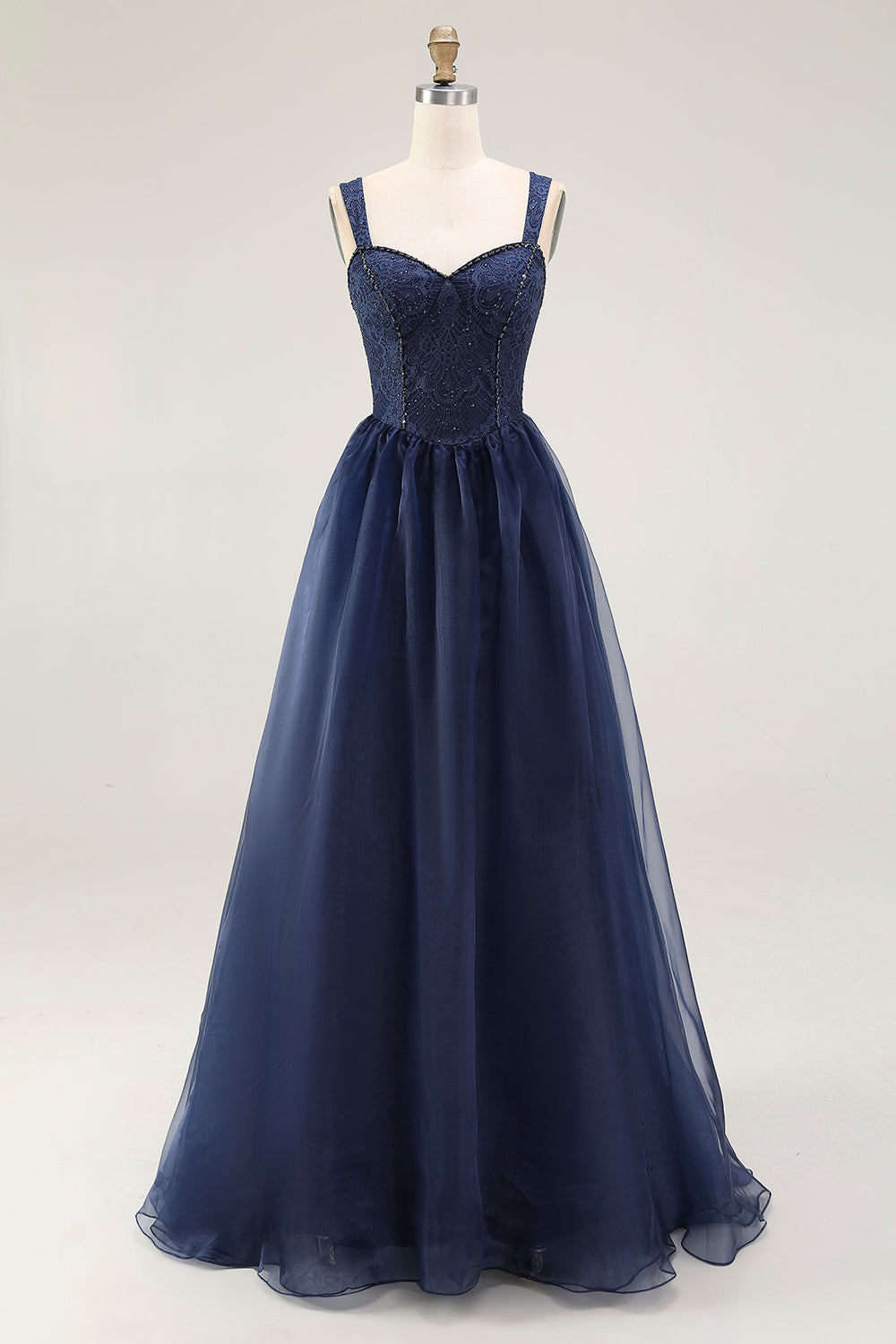 Navy Spaghetti Straps A Line Lace Long Prom Dress