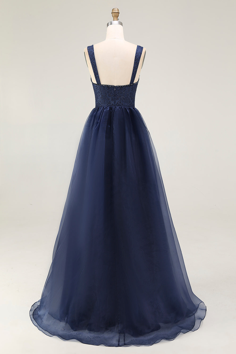 Navy Spaghetti Straps A Line Lace Long Prom Dress
