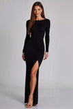 Black Jersey Long Sleeves Sheath Formal Dress with Slit