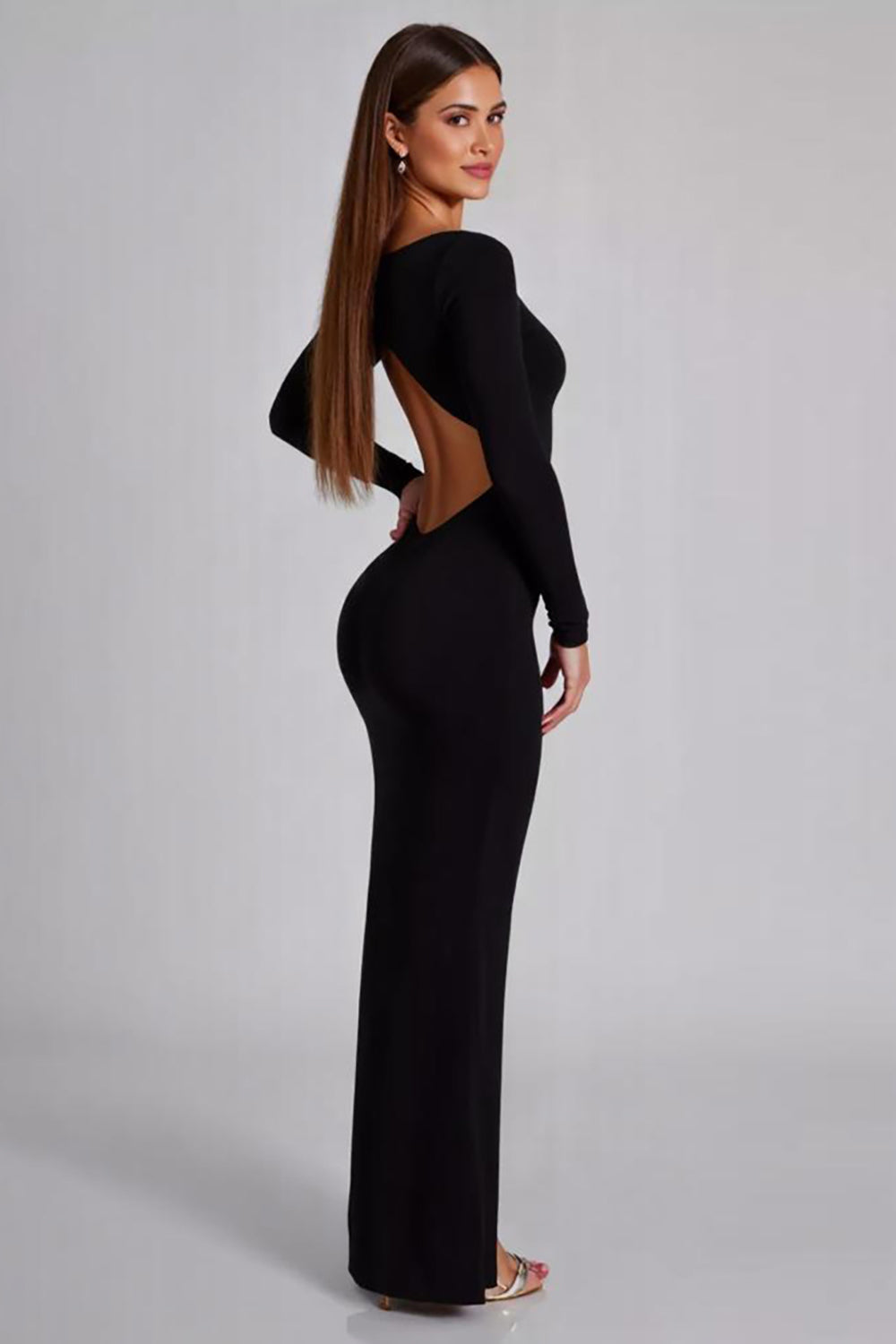 Black Jersey Long Sleeves Sheath Formal Dress with Slit