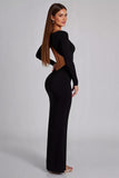 Black Jersey Long Sleeves Sheath Formal Dress with Slit
