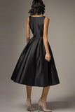 Black A Line Satin Ruched Midi Formal Dress
