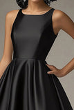 Black A Line Satin Ruched Midi Formal Dress
