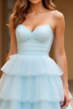 Sky Blue Spaghetti Straps Tiered Long Tulle Prom Dress