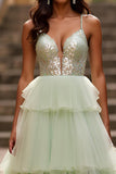 Sparkly Light Green Spaghetti Straps Tiered Long Prom Dress with Sequin