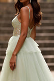 Sparkly Light Green Spaghetti Straps Tiered Long Prom Dress with Sequin