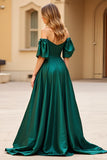 Dark Green Off the Shoulder Puff Sleeves Long Satin Prom Dress with Slit