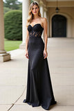 Black Lace Satin A Line Strapless Prom Dress