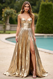 Gold Glitter Fabric A Line Ruched Strapless Prom Dress with Slit