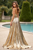 Gold Glitter Fabric A Line Ruched Strapless Prom Dress with Slit