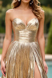 Gold Glitter Fabric A Line Ruched Strapless Prom Dress with Slit