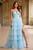 Sky Blue Tulle Tiered Spaghetti Straps A Line Prom Dress