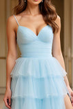 Sky Blue Tulle Tiered Spaghetti Straps A Line Prom Dress