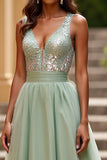 Sparkly Sequins Dusty Sage Organza A Line V Neck Prom Dress