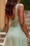 Sparkly Sequins Dusty Sage Organza A Line V Neck Prom Dress