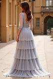 Grey Tulle A Line Long Sleeves Tiered Long Prom Dress