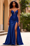 Sparkly Sequins Dark Blue Spaghetti Straps Prom Dress with Slit
