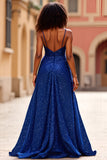 Sparkly Sequins Dark Blue Spaghetti Straps Prom Dress with Slit