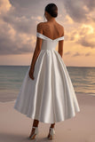 Satin Off The Shoulder Tea Length White Wedding Dress