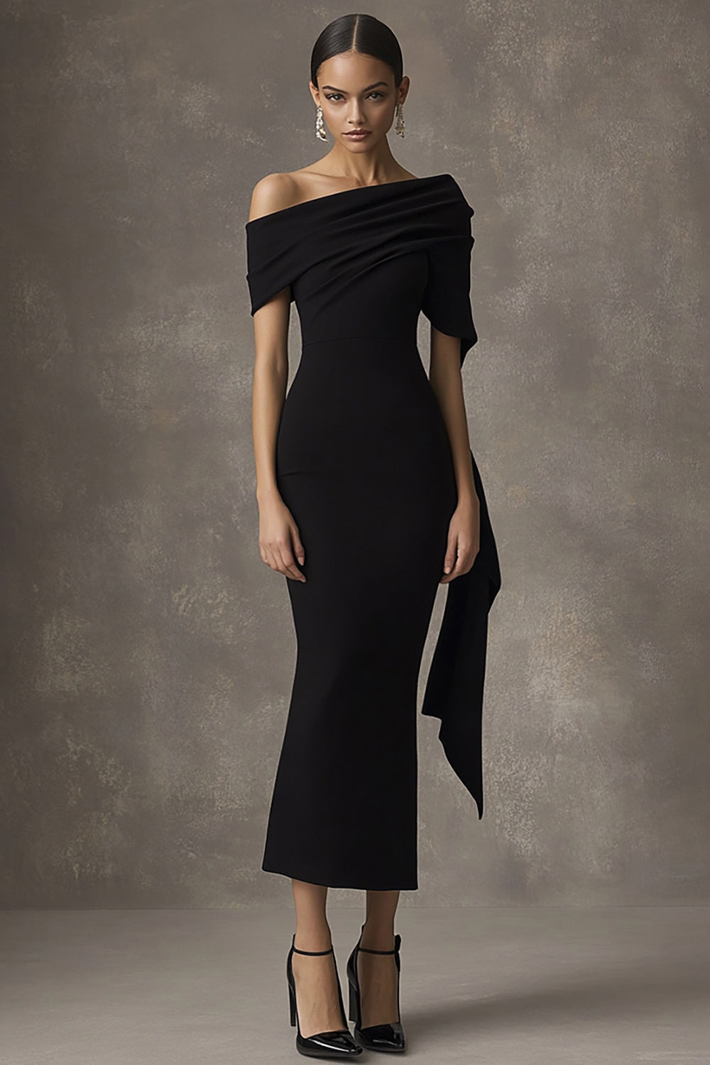 Sheath Off the Shoulder Ruched Black Tie Dress
