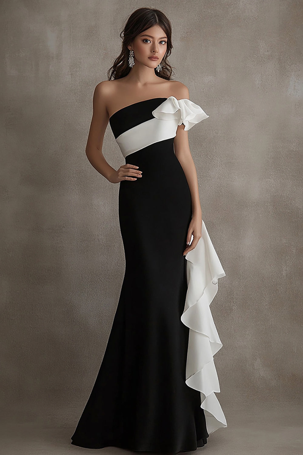 Mermaid One Shoulder Ruffles Long Black Tie Dress