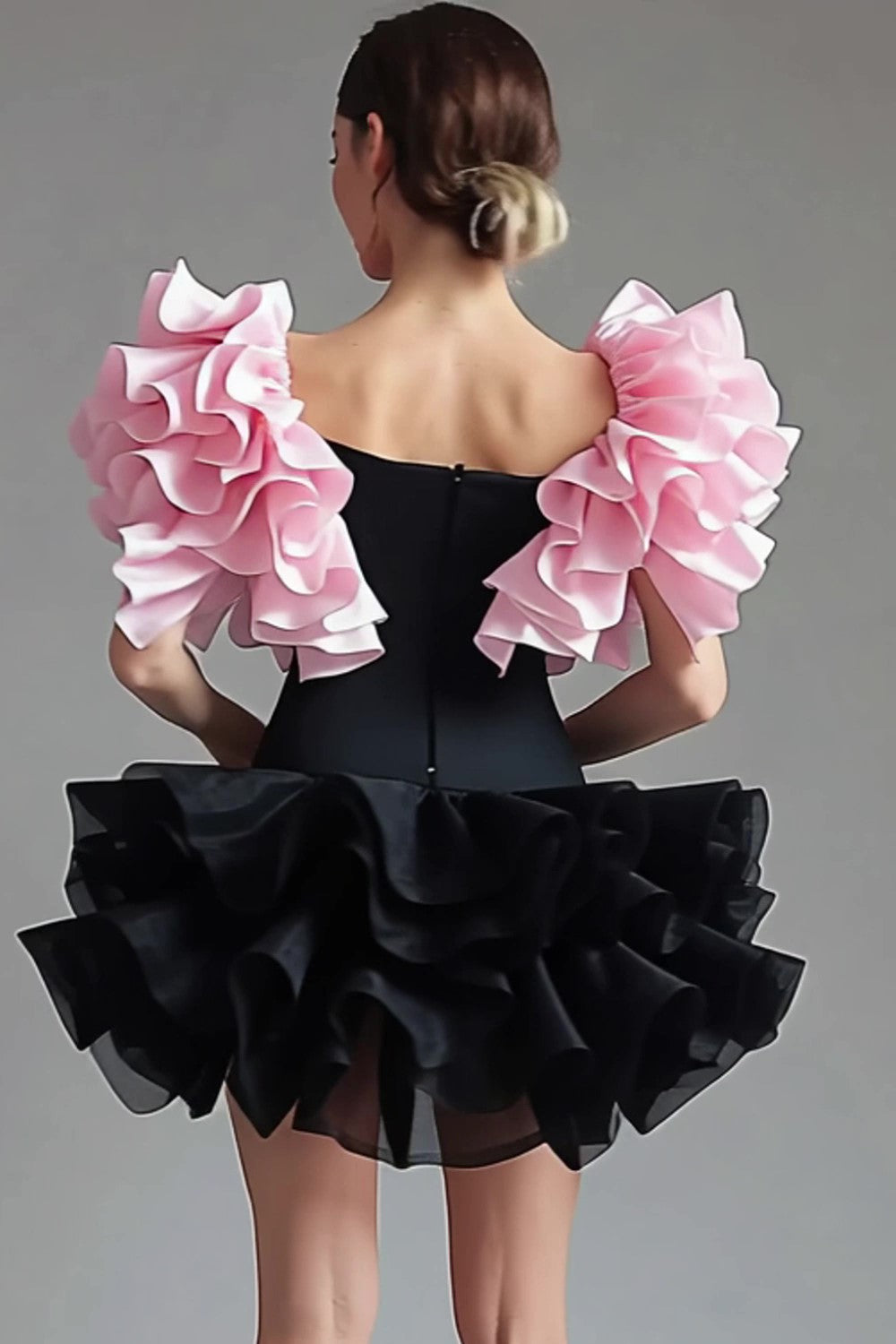 A Line Ruffles Short Sleeves Short Little Black Dress
