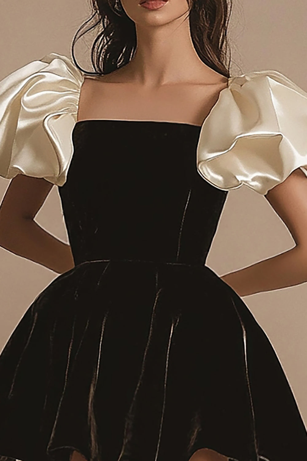 A Line Short Sleeves Pleated Velvet Short Black Tie Dress