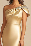 Gold One Shoulder Satin Sheath Long Mother Of Bride Dress