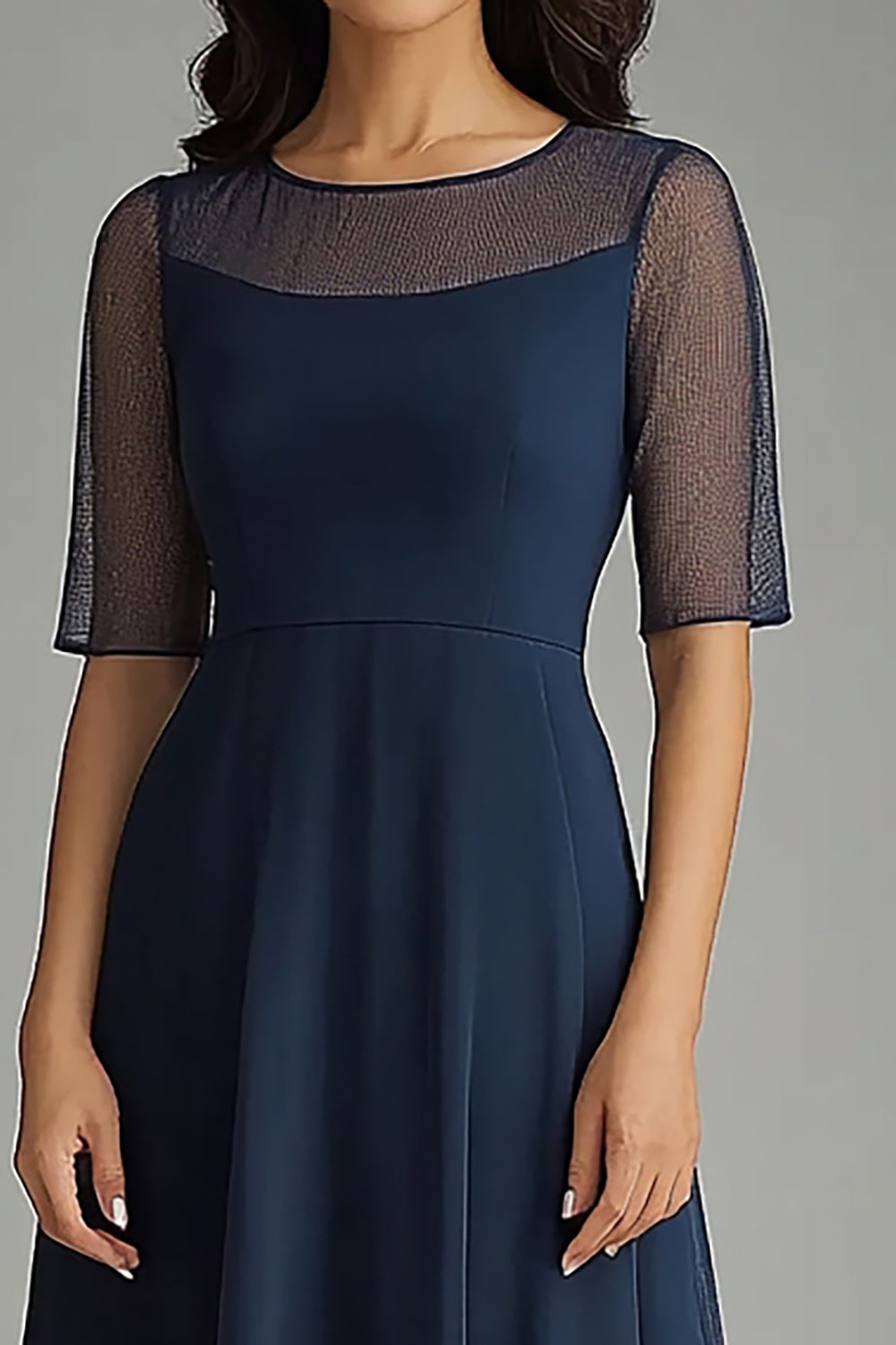 Navy A Line Chiffon Midi Mother of the Bride Dress