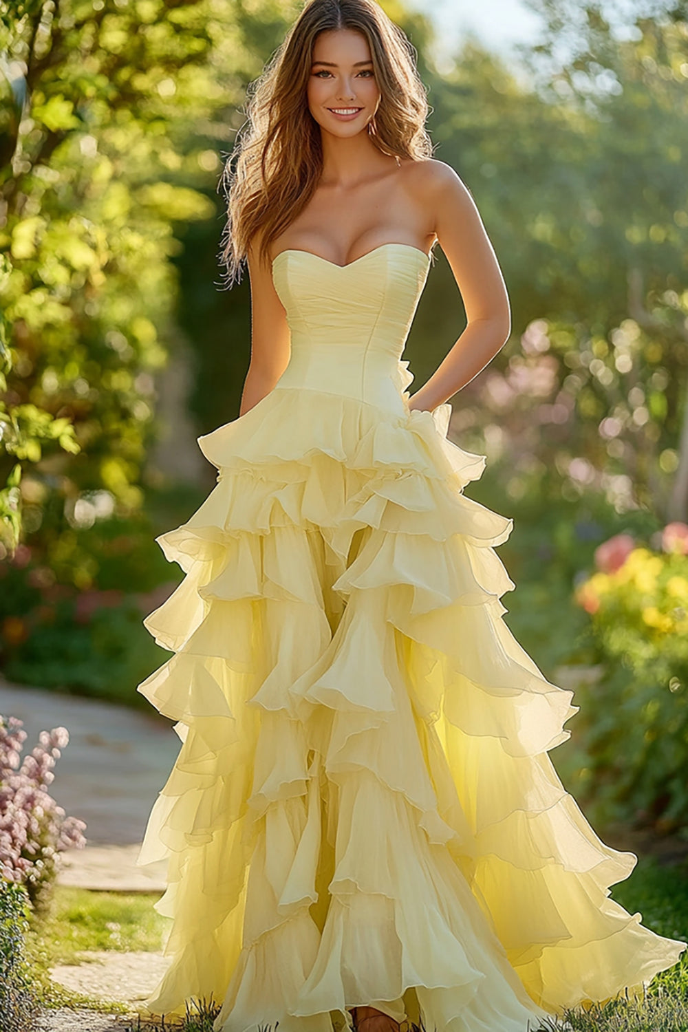 Daffodil A-Line Chiffon Sweetheart Ruffled Long Prom Dress
