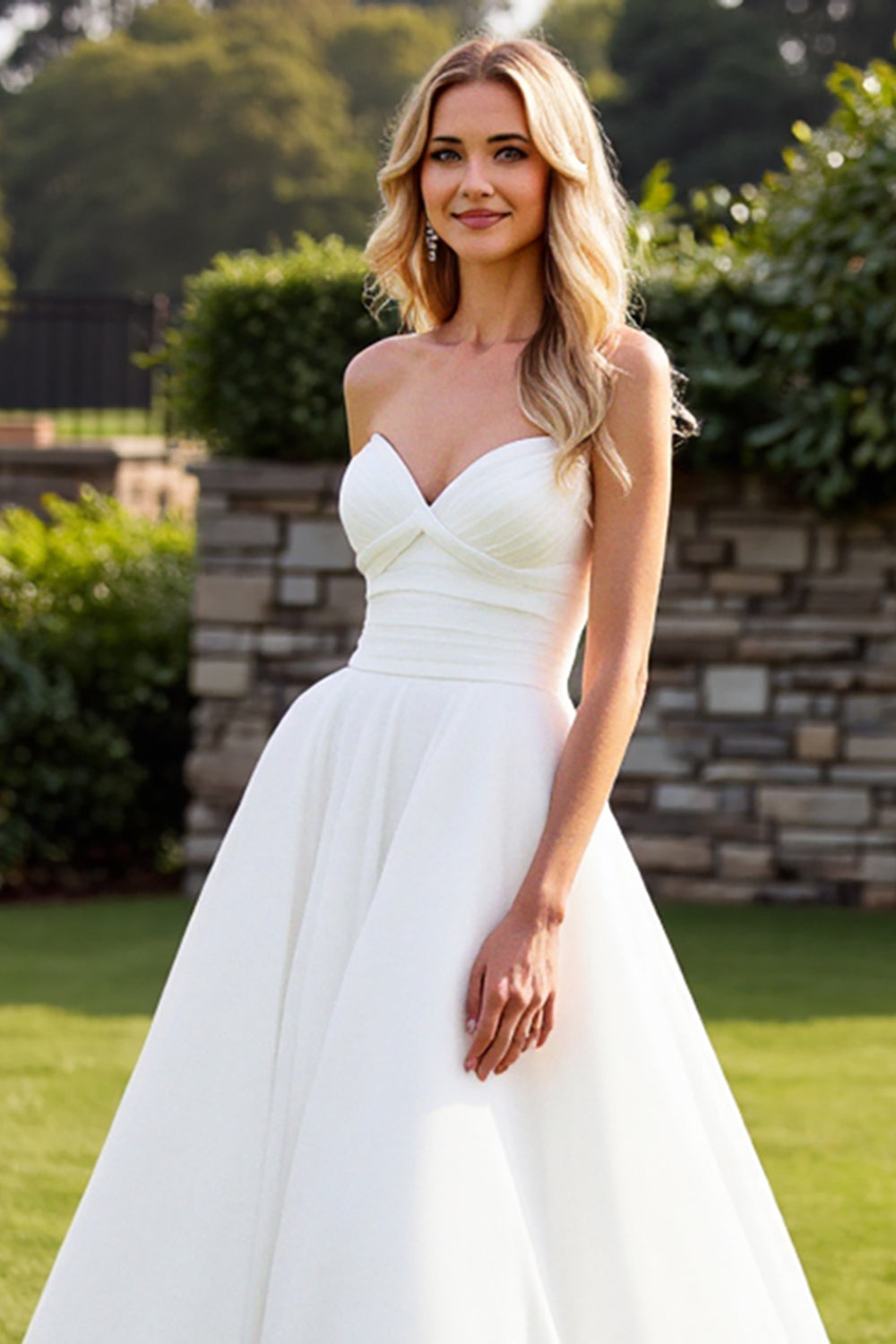Stretch Satin Organza Ivory A Line Strapless Wedding Dress