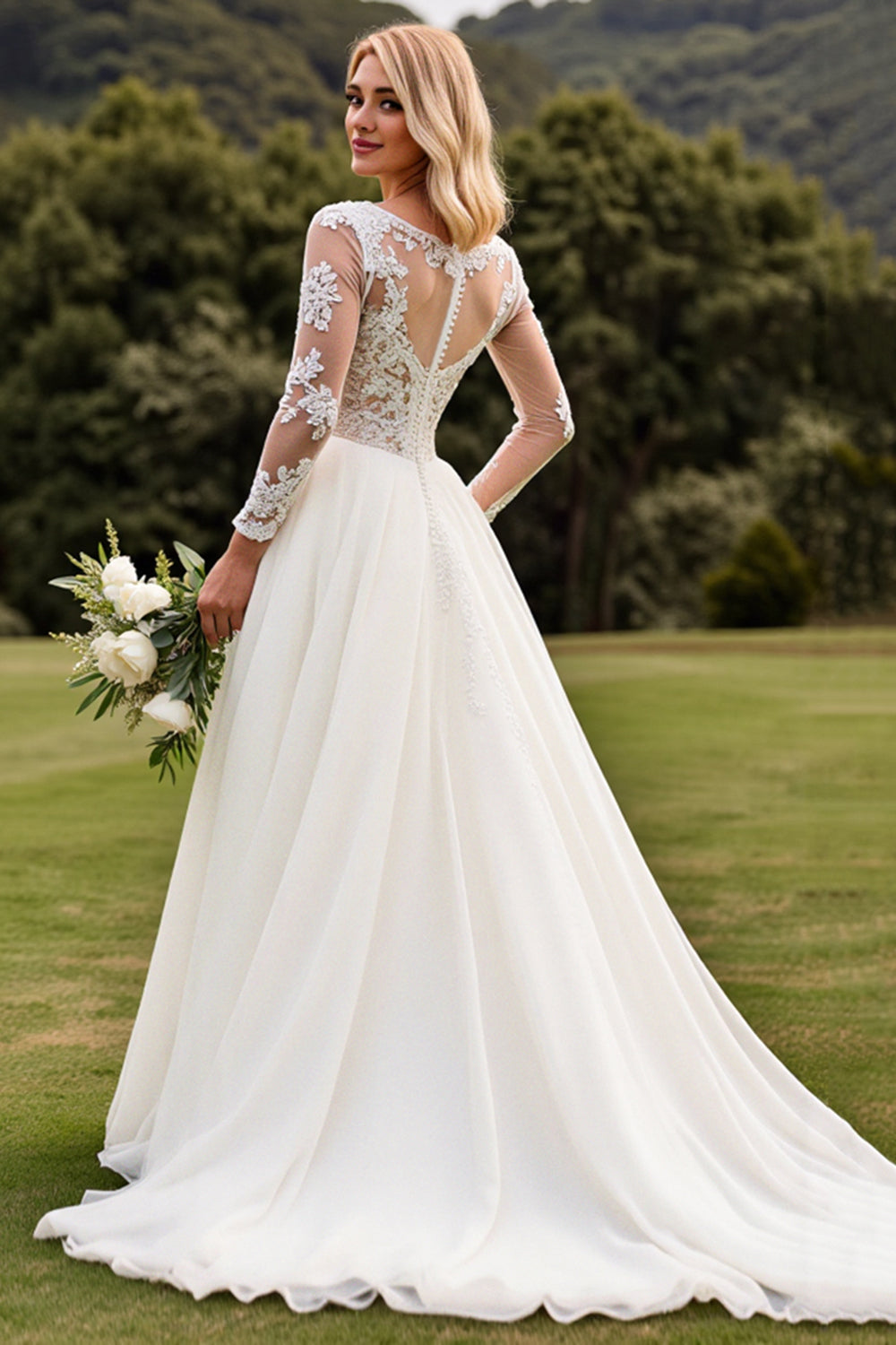 A Line Appliqued Long Sleeves lvory Pleated Wedding Dress
