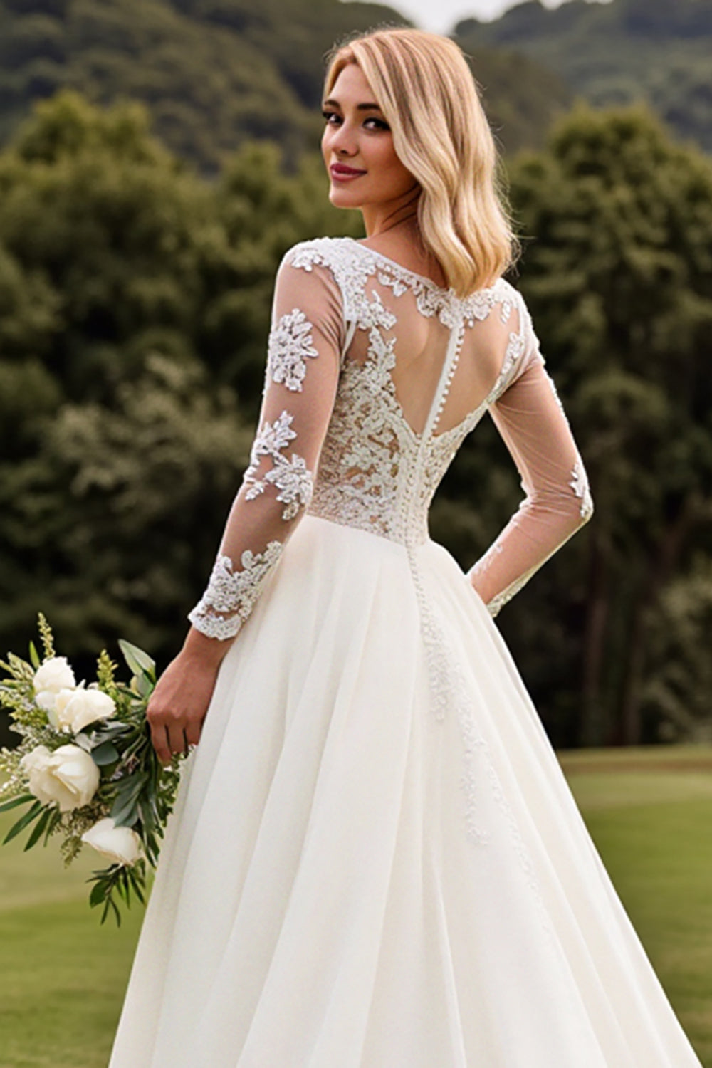 A Line Appliqued Long Sleeves lvory Pleated Wedding Dress