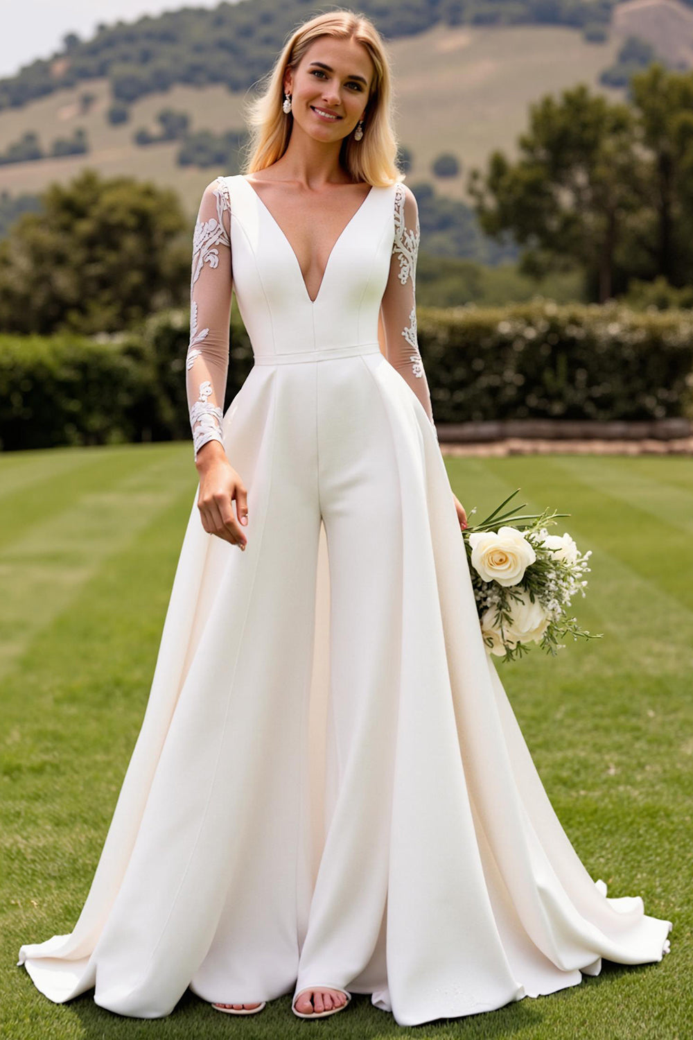 White Bodycon Deep V Neck Long Sleeves Satin Bridal Jumpsuit