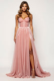 Glitter Fabric Blush Pink A Line Strapless Prom Dress with Slit