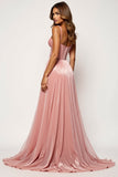 Glitter Fabric Blush Pink A Line Strapless Prom Dress with Slit