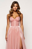 Glitter Fabric Blush Pink A Line Strapless Prom Dress with Slit