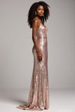 Dusty Rose Sheath Spaghetti Straps Sequins Prom Dress