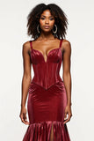 Burgundy Mermaid V-Neck Corset Velvet Prom Dress