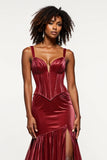 Burgundy Mermaid V-Neck Corset Velvet Prom Dress