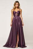 Purple A Line Spaghetti Straps Cut Out Satin Prom Dress