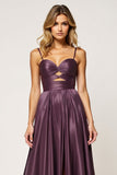 Purple A Line Spaghetti Straps Cut Out Satin Prom Dress