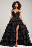 Black A Line Spaghetti Straps Pleated Satin Prom Dress