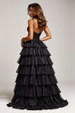 Black A Line Spaghetti Straps Pleated Satin Prom Dress