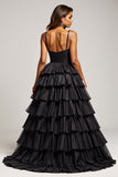 Black A Line Spaghetti Straps Pleated Satin Prom Dress