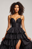 Black A Line Spaghetti Straps Pleated Satin Prom Dress