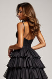 Black A Line Spaghetti Straps Pleated Satin Prom Dress