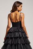 Black A Line Spaghetti Straps Pleated Satin Prom Dress