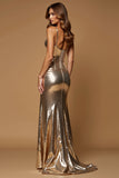 Golden Sheath Spaghetti Straps Metallic Satin Prom Dress