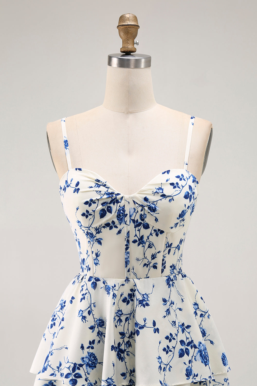 Blue Floral A Line Tiered Ruffled Long  Prom Dress with Slit